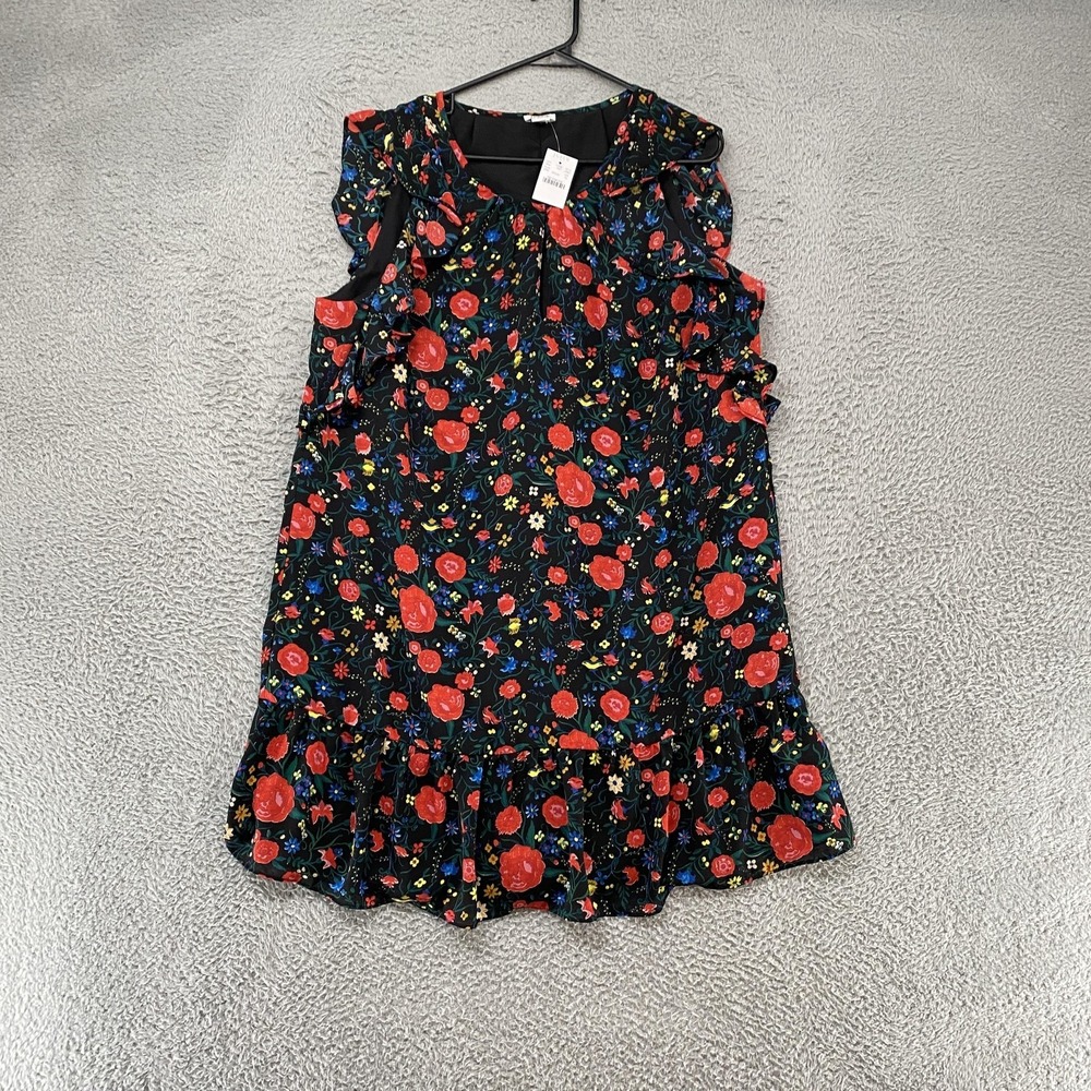 J.Crew Dress Womens XL Black Floral Ruffle Hem Sleeveless Shift‎ Colorful